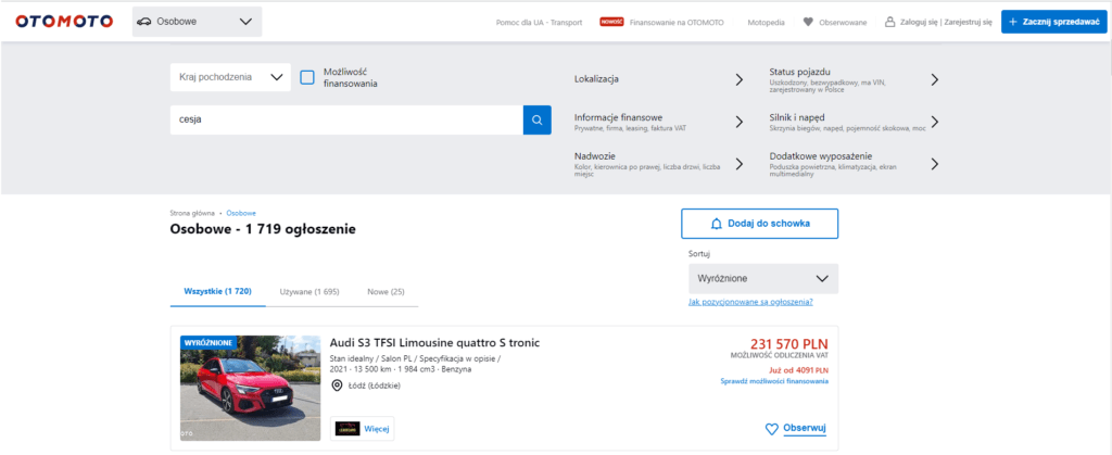 Ogłoszenia cesji aut osobowych